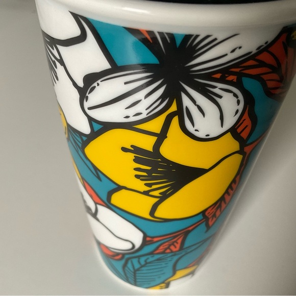 STARBUCKS Ceramic Traveler Coffee Mug Tumbler 12 oz incl Lid Teal FLORAL Design - Picture 7 of 11